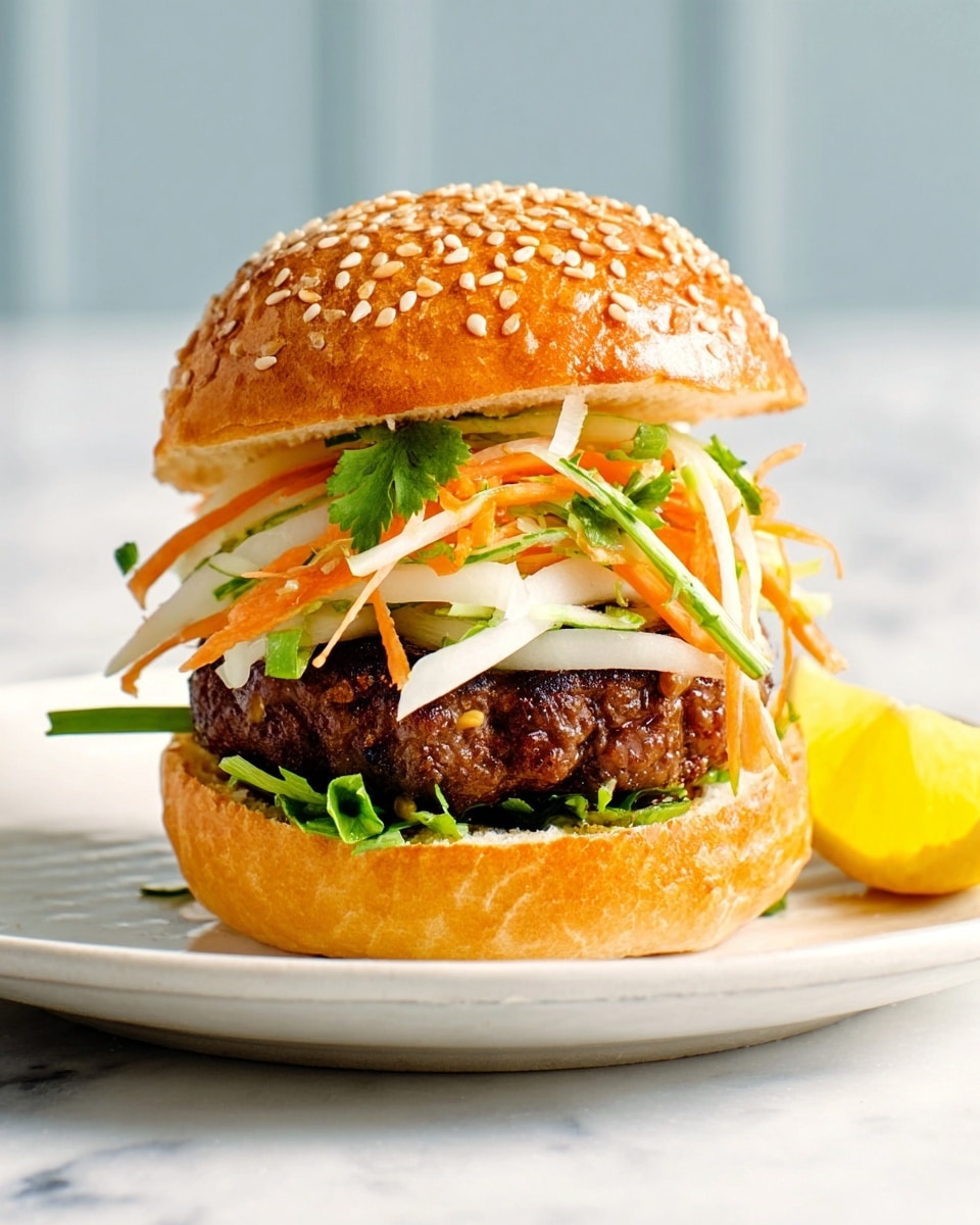 A burger with a golden sesame seed bun on top and bottom. The bottom bun holds a thick, juicy dark brown beef patty. On top of the patty, there is a layer of thin white slices, possibly cheese or onion, followed by a pile of thin, light orange carrot strips mixed with green chopped herbs and slices of green spring onions. The top bun is slightly lifted, showing the fresh filling inside. The burger sits on a white plate, next to a bright yellow lemon wedge. The background and surface have a white marbled texture. Photo taken with an iphone --ar 4:5 --v 7