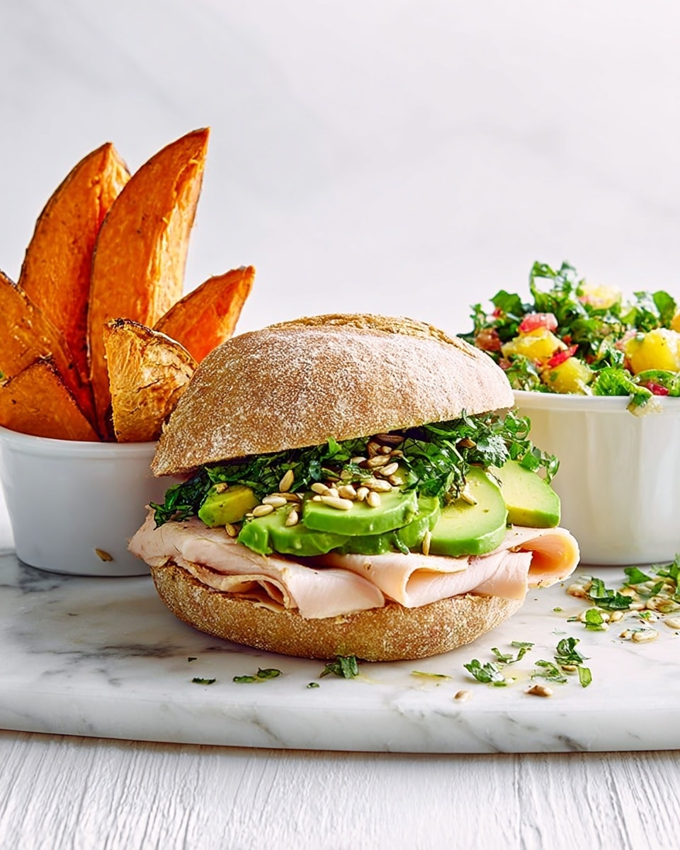 A sandwich with three visible layers sits on a white marbled surface: the bottom layer has sliced green avocado, the middle layer holds pale pink turkey slices, and the top layer is a whole wheat bun topped with green chopped herbs and small sunflower seeds. To the left of the sandwich, several thick golden-brown sweet potato wedges lean against each other. On the right, a small white bowl contains bright green salad with red bits and yellow chunks, garnished with fresh green herbs. Some herbs are scattered around the sandwich and bowl. The background is plain white plank. Photo taken with an iphone --ar 4:5 --v 7
