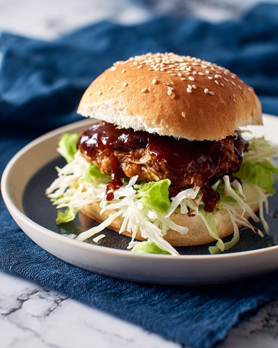 The image shows a burger with a soft sesame seed bun on top, with a crispy fried patty below it covered in dark glossy sauce. Under the patty, there are fresh green lettuce leaves, and beneath that, white shredded cabbage. The burger sits on a white plate, which is on a dark blue cloth, all placed on a white marbled surface. Photo taken with an iphone --ar 4:5 --v 7