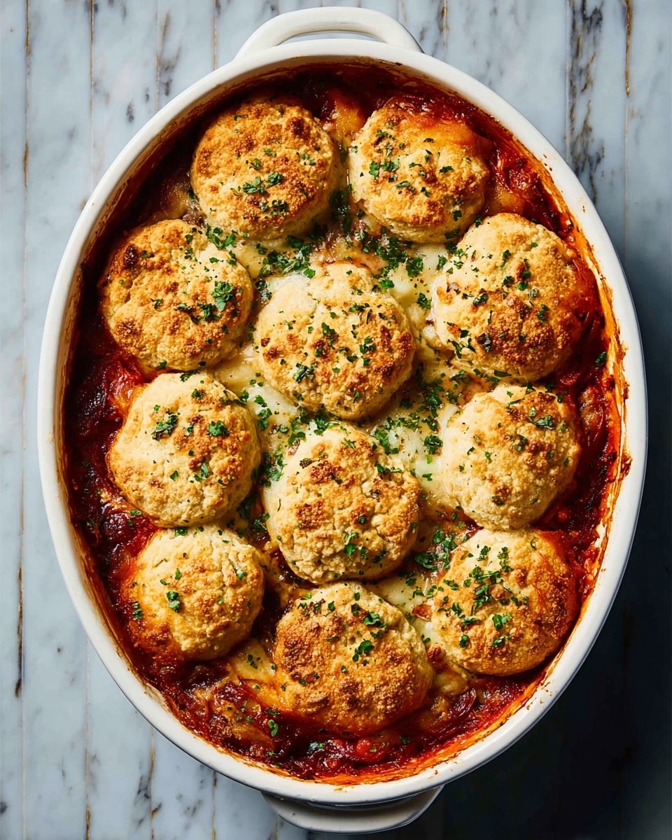 A white oval baking dish filled with a baked casserole showing two main layers: the bottom layer is a thick, rich red tomato sauce with melted, golden brown cheese mixed in, and the top layer consists of roughly eleven round golden biscuit-like dough pieces, each sprinkled lightly with chopped green herbs, giving a fresh, textured contrast to the warm tones. The biscuits appear soft with some crisp, browned spots, and the dish is set on a white marbled surface. photo taken with an iphone --ar 4:5 --v 7
