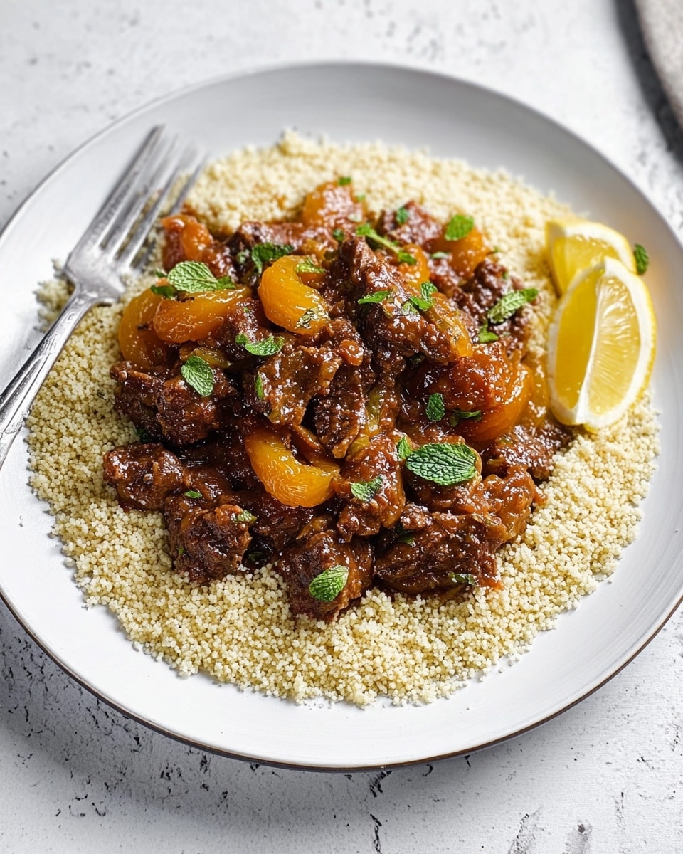 The dish is served on a large white plate placed on a white marbled surface. The bottom layer is light beige couscous evenly spread in a circular shape. On top is a thick, chunky stew made of dark brown meat pieces and golden apricot slices mixed in a rich, glossy brown sauce. Bright green mint leaves are scattered over the stew for color. On the right side of the plate, two lemon wedges rest together, adding a fresh yellow accent. A silver fork is set on the left side, partially touching the couscous. The photo taken with an iphone --ar 4:5 --v 7