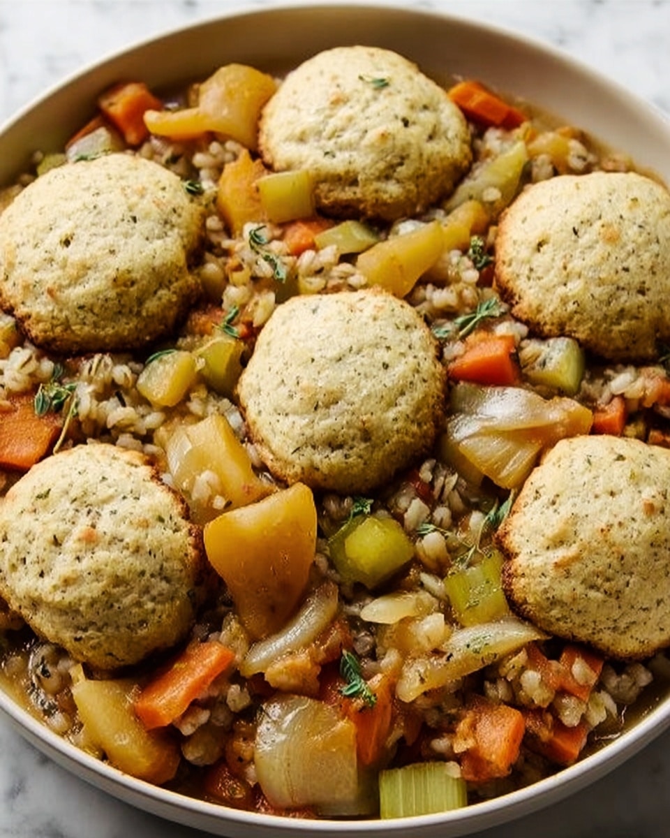 The dish shows a white bowl filled with a hearty mix of grains and vegetables, topped with six round, light yellow biscuits evenly spaced on top. The base layer consists of cooked grains with a soft, slightly shiny texture, mixed with roasted vegetables including orange carrots, pale green celery, and small light brown onions, all cut into chunks. The biscuits sit on top in a circular pattern, round and fluffy with a slightly rough surface. The whole dish is set against a white marbled background. Photo taken with an iphone --ar 4:5 --v 7