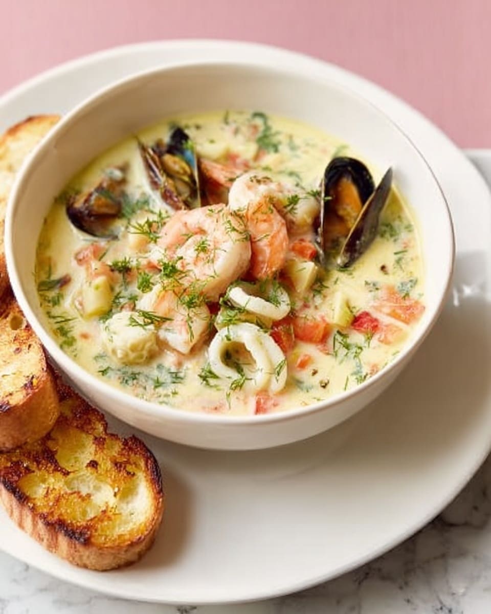 A white deep bowl contains creamy seafood chowder filled with pink shrimp, white calamari rings, orange mussels, and small pieces of diced vegetables in pale yellow soup with green herb sprinkles on top. The bowl sits on a white round plate, which rests on a white marbled surface, and beside the bowl on the plate are two slices of toasted golden brown garlic bread. The background is softly pink. Photo taken with an iphone --ar 4:5 --v 7