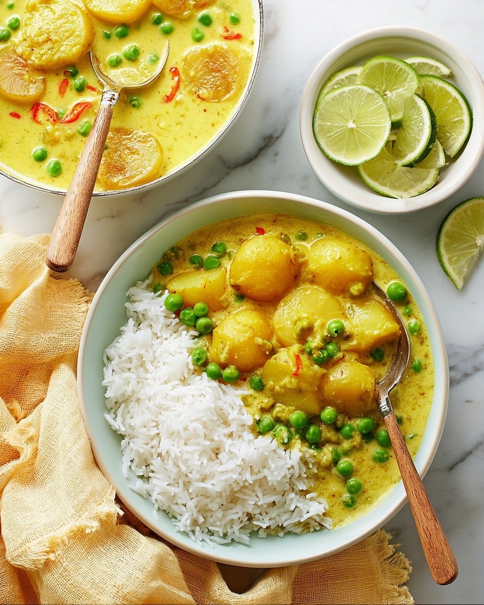 A white bowl filled with two main layers: on the left side there is white fluffy rice, and on the right side, a thick yellow curry containing whole potatoes and bright green peas. The curry sauce looks smooth and creamy, covering the potatoes and peas. Next to the bowl, a spoon rests inside, mixing some curry with rice. Above this bowl is another white bowl showing more of the yellow curry with potatoes and red chili, while to the right, a smaller white bowl contains sliced green lime wedges. The setting is on a white marbled texture surface with a light yellow cloth and wooden spoon handle near the top edge. Photo taken with an iphone --ar 4:5 --v 7