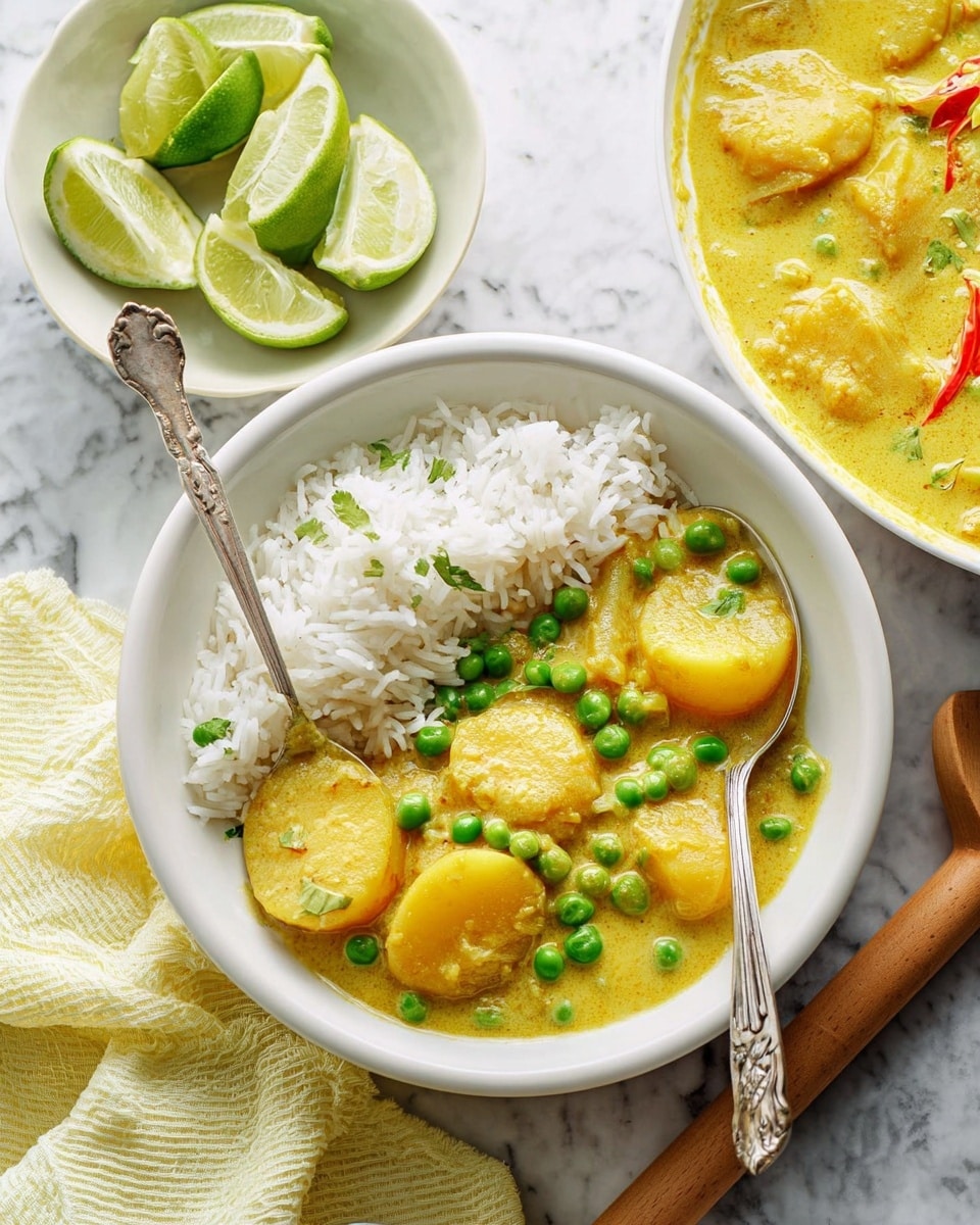A white bowl holds a dish with two main layers: on the left side, plain white rice with a soft, fluffy texture, and on the right side, a golden yellow curry sauce with smooth texture covering round, soft potato slices and bright green peas scattered on top. A silver spoon is placed inside the bowl with some curry on it. Nearby, a larger white bowl filled with the same yellow curry and a few red chili slices is partially visible. Also to the side, a white bowl contains fresh lime wedges. All items are set on a white marbled surface with a light yellow cloth and a wooden rolling pin nearby. Photo taken with an iphone --ar 4:5 --v 7