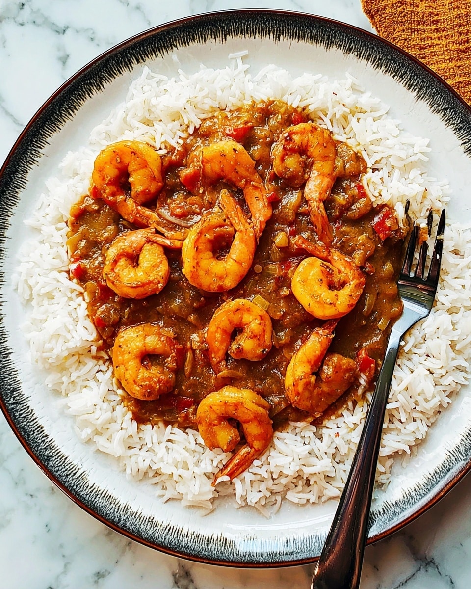 The dish shows a single white plate with a black rim, placed on a white marbled surface. On the plate is a layer of fluffy white rice arranged in a round shape, topped with a thick, brown shrimp stew that has visible chunks of red bell pepper and onions mixed in. There are about ten shrimp spread evenly across the stew, each a bright orange color with a slightly curled shape. A matte black fork rests on the right side of the plate, partly on the rice. The overall look is warm and hearty with contrasting colors between the rice and shrimp stew. Photo taken with an iphone --ar 4:5 --v 7