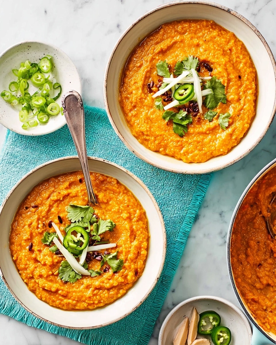 Two white bowls each hold one layer of thick orange lentil dal that is slightly textured and creamy, with small bits visible. On top of each dal layer, there is a decoration of green cilantro leaves, thin off-white ginger strips, small dark brown cumin seeds, and a few slices of green chili pepper, all centered. A spoon is placed inside the dal on the left bowl, standing upward. To the right, a white pot filled with the same dal sits on a turquoise cloth. Below the bowls, a small white bowl has a few cilantro leaves, green chili slices, and ginger strips arranged neatly. The whole setup rests on a clean white marbled surface. photo taken with an iphone --ar 4:5 --v 7