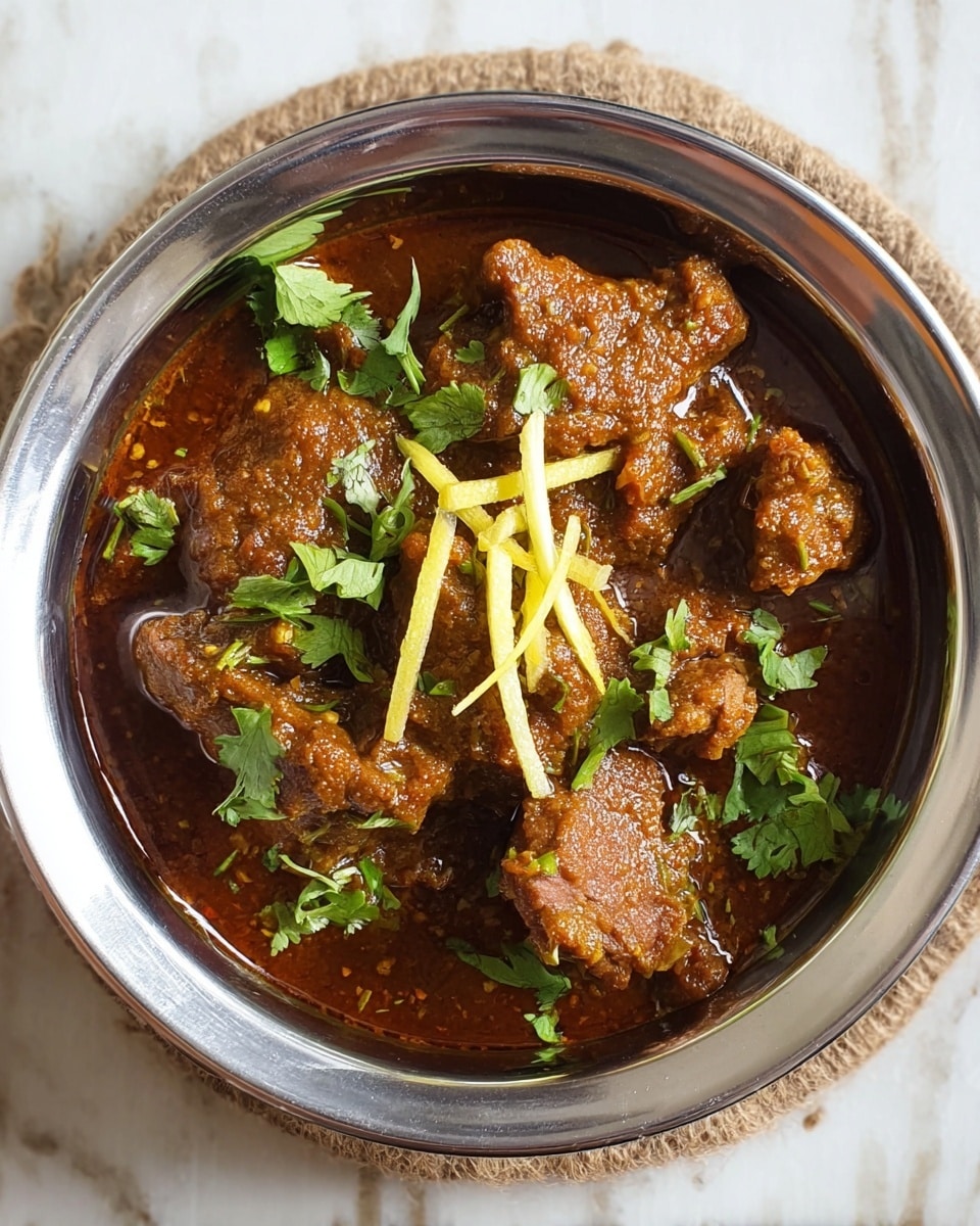 A steel bowl filled with rich brown curry containing several pieces of meat coated in thick sauce sits on a white marbled surface. On top of the curry, there are thin light yellow strips of ginger and fresh bright green coriander leaves scattered evenly. The curry looks oily with a shiny surface, and some bits of the meat show a textured, slightly crispy exterior. The bowl is centered in the image, catching the light to highlight the glossy texture of the sauce and the freshness of the herbs. photo taken with an iphone --ar 4:5 --v 7