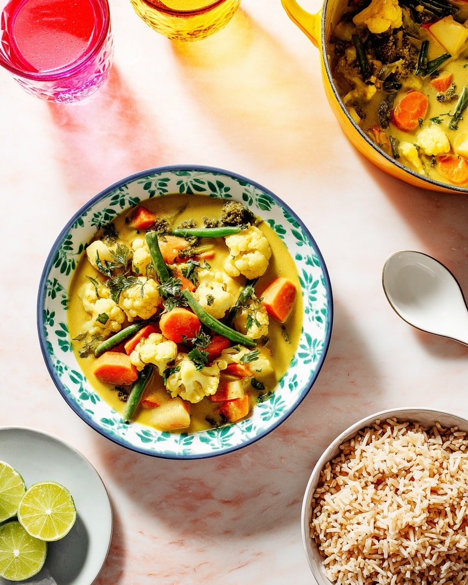 A white bowl filled with a colorful vegetable curry showing three main layers: the creamy yellow curry base at the bottom, vibrant pieces of cauliflower in off-white, orange carrots, red chili slices, green beans, and fresh green herbs scattered on top. Next to the bowl, there is a white spoon and a wedge of lime on a white marbled surface. Behind the bowl, there is a yellow pot decorated with white leaf shapes, holding more of the same vegetable curry. On the bottom right, a white bowl contains light brown cooked rice grains. Photo taken with an iphone --ar 4:5 --v 7