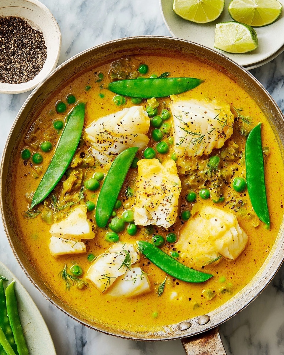 A round metal pan filled with a yellow curry sauce that has a smooth, slightly oily texture. Inside the curry, there are large chunks of white fish arranged in the middle and around the pan, with scattered green peas and whole green snap peas on top, adding bright green accents. The curry is sprinkled lightly with black pepper bits. The pan is placed on a white marbled surface with lime wedges on a nearby white plate and a small white bowl filled with crushed black pepper visible near the edge. photo taken with an iphone --ar 4:5 --v 7