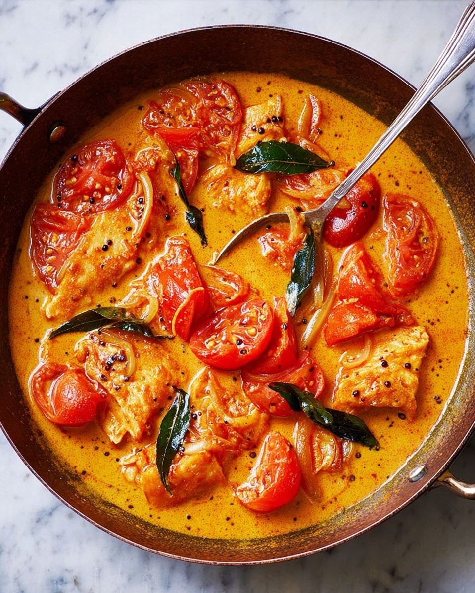 A round, deep pan filled with a creamy, orange-yellow curry sauce that has a smooth texture peppered with black mustard seeds. Within the sauce, there are several large chunks of bright red tomato, some cut into wedges and others whole, as well as pieces of white fish or chicken that have a light brown sear on their edges. Scattered throughout are fresh, dark green curry leaves adding contrast, and thin slices of translucent onion visible in the sauce. A silver spoon is resting inside the pan. The pan sits on a white marbled surface. photo taken with an iphone --ar 4:5 --v 7