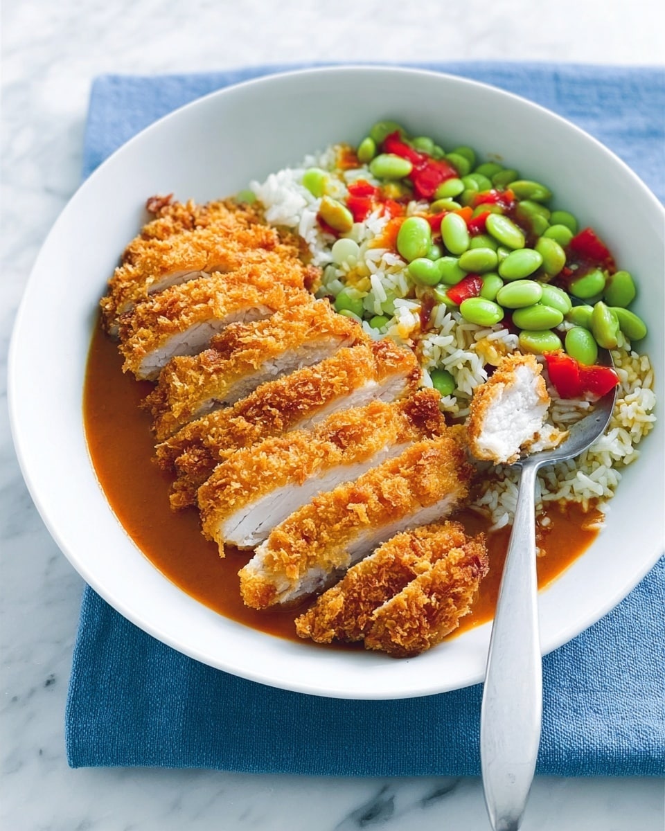 A white bowl rests on a blue cloth over a white marbled surface, filled with two main layers. The bottom layer is a smooth, reddish-orange sauce covering the base of the bowl. On top, there are five slices of crispy golden-brown breaded chicken neatly arranged on one side. On the other side of the bowl is a mix of white rice, bright green edamame beans, and small red pepper pieces. A silver spoon partially scoops some chicken, rice, and sauce on one side, with no visible human fingers holding it. Photo taken with an iphone --ar 4:5 --v 7