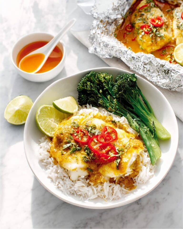 Curry Coconut Fish Parcels with Basmati Rice and Broccoli Recipe