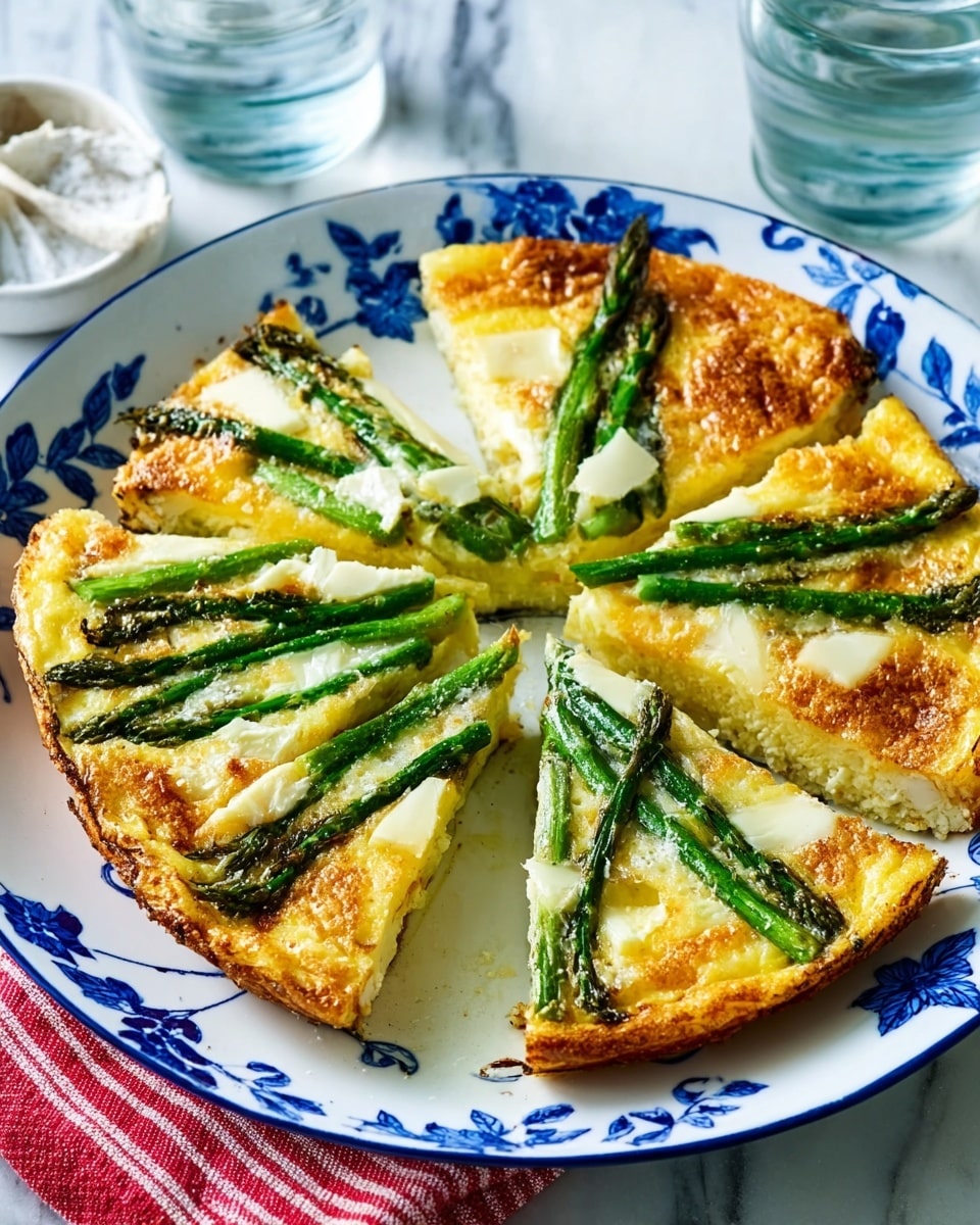 The image shows a white plate with a blue leaf pattern around the edge, holding a cooked egg dish divided into six triangular slices. The base layer is golden and fluffy, likely an omelette or frittata. Bright green asparagus spears are laid in a radial pattern, crossing the slices. Small patches of melted cheese are visible between the asparagus, adding a creamy white texture. The plate rests on a white marbled surface with a red-striped cloth partially underneath. Two clear glasses of water are in the background, slightly out of focus. photo taken with an iphone --ar 4:5 --v 7
