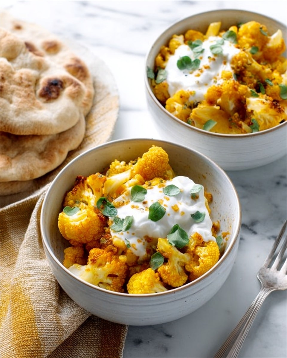Two white bowls filled with a dish that has three layers: the bottom layer is bright yellow with soft-looking chunks, the middle layer has orange cauliflower pieces mixed with spices, and the top layer is a drizzle of white sauce with small green herb pieces sprinkled on top. The bowls sit on a white marbled surface next to a piece of flat, brown bread with some raisins or dried fruit inside. A silver fork rests on the surface near the bowls. photo taken with an iphone --ar 4:5 --v 7