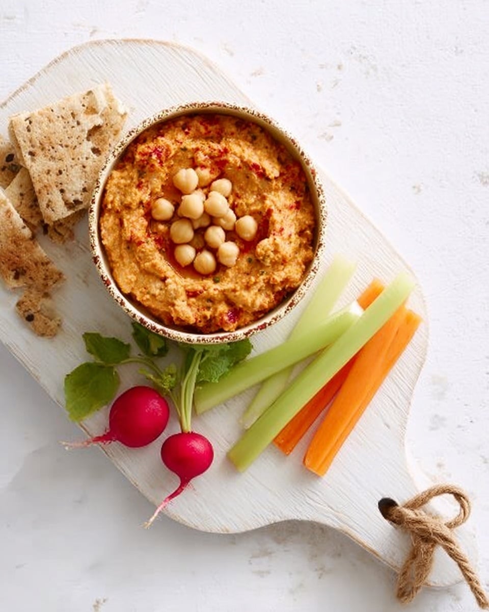 The image shows a small round bowl filled with chunky hummus, topped with whole chickpeas spread evenly over the surface; the hummus has a textured, slightly rough orange-brown color with visible bits of red, likely from spices or vegetables. The bowl sits on a white, slightly oval serving board with a handle tied with a piece of twine. Next to the bowl on the board are two small radishes with green leaves, two pieces of flatbread torn into irregular shapes, and some thin sticks of celery and carrot placed in parallel. The background is a clean white marbled surface. Photo taken with an iphone --ar 4:5 --v 7
