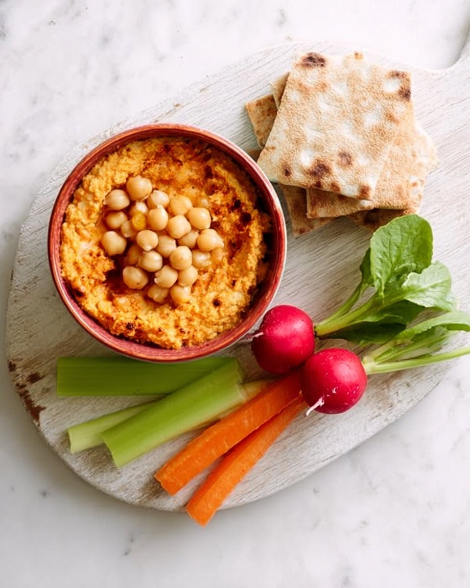 The image shows a round bowl filled with a chunky orange hummus topped with chickpeas, sitting on a white wooden board. Next to the bowl is a stack of light brown flatbread pieces and three vibrant radishes with green leaves. Below the radishes are fresh sticks of green celery and orange carrot arranged neatly. The whole setup rests on a white marbled surface. Photo taken with an iphone --ar 4:5 --v 7