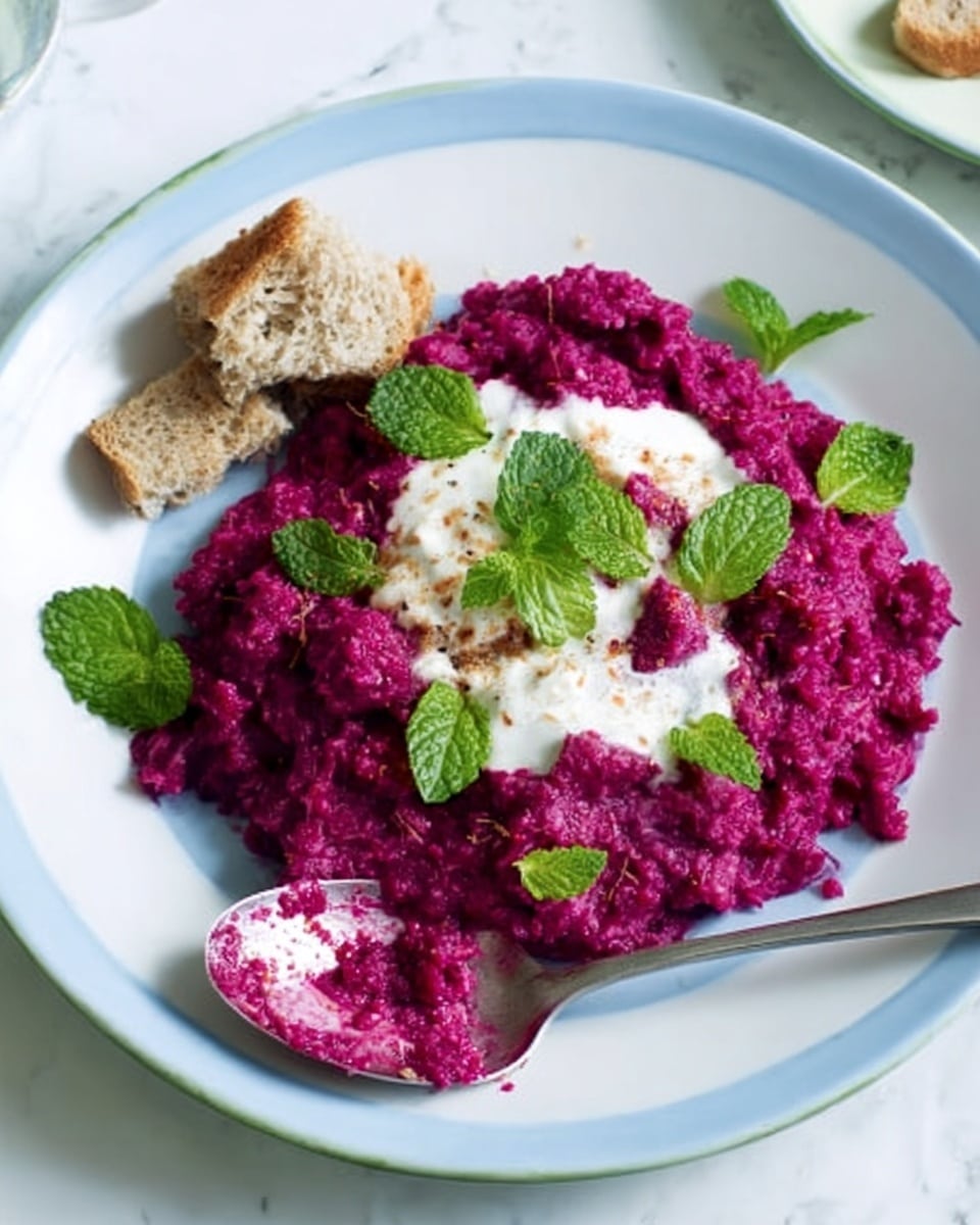 The image shows a white plate with a light blue rim holding a dish made of mashed bright purple beets as the base layer, topped with a dollop of creamy white yogurt or sauce. Scattered on top are fresh green mint leaves adding bright contrast and some small pieces of light brown bread placed on the side of the dish. A metal spoon covered in the purple mixture rests on the plate, and the background is a white marbled texture. Photo taken with an iphone --ar 4:5 --v 7
