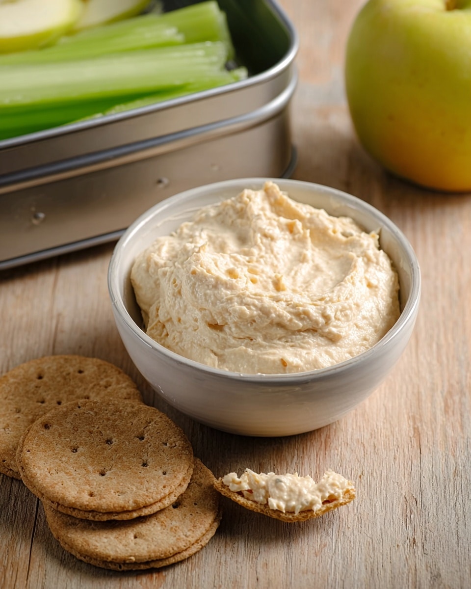 A small white bowl filled with a thick, pale beige creamy spread, placed on a light wood surface. Next to the bowl, there are two round wheat crackers, one of which has a bite taken out of it. In the background, there is a metallic lunchbox partially visible with some green celery sticks and a yellow apple inside. Photo taken with an iphone --ar 4:5 --v 7