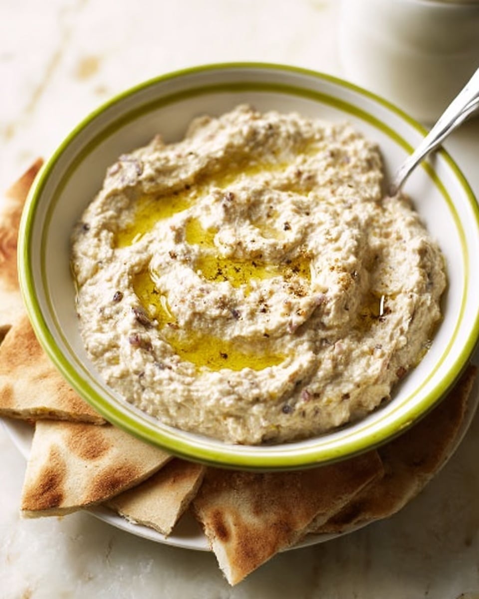 A white bowl with a thin green rim is filled with a thick, creamy mixture that is light beige in color with small bits of darker ingredients visible throughout, topped with a light drizzle of golden olive oil. Around the bowl, there are pieces of flatbread slightly stacked and resting against the bowl. The scene is set on a white marbled surface with a white small container blurred in the background. A spoon is partially visible inside the bowl. Photo taken with an iphone --ar 4:5 --v 7