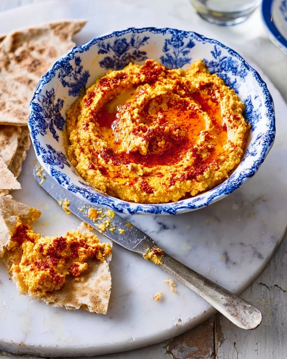 A white bowl with blue floral patterns holds a thick dip that has a yellowish-orange base with bright red swirls on top. Next to the bowl, a piece of flatbread with some of the dip spread on it lies on a white marbled surface. A knife with traces of the dip on its blade rests nearby, hinting at recent use. The photo is taken with an iphone --ar 4:5 --v 7