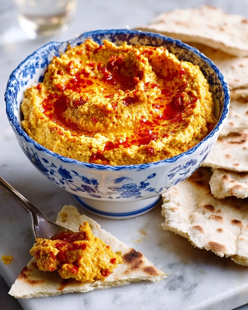 A white bowl with blue floral patterns is filled with a thick, textured yellow-orange spread that appears creamy and slightly chunky, topped with a drizzle of bright red oil or sauce creating a glossy finish on the surface. The bowl is placed on a white marbled surface, next to flatbreads that are light beige with some toasted brown spots. One piece of flatbread in the foreground is topped with a scoop of the spread and red oil. A butter knife with a silver handle lies on the surface, also having a small dollop of the spread on its blade. Photo taken with an iphone --ar 4:5 --v 7
