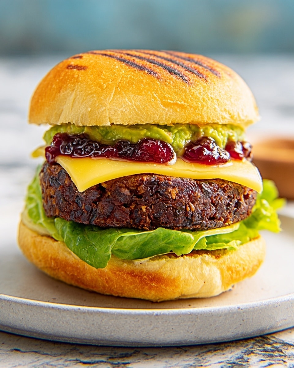 A close-up of a sandwich with a golden toasted bun that has grill marks on top, resting on a white plate on a white marbled surface. Inside, there is a green leafy lettuce layer at the bottom, topped with a thick, dark brown patty with a slightly rough texture. Above the patty, there is a yellow cheese slice, and on top of the cheese, there is a light green spreading of guacamole. Around the edges, dark red jam or sauce peeks out slightly from the bun. Photo taken with an iphone --ar 4:5 --v 7