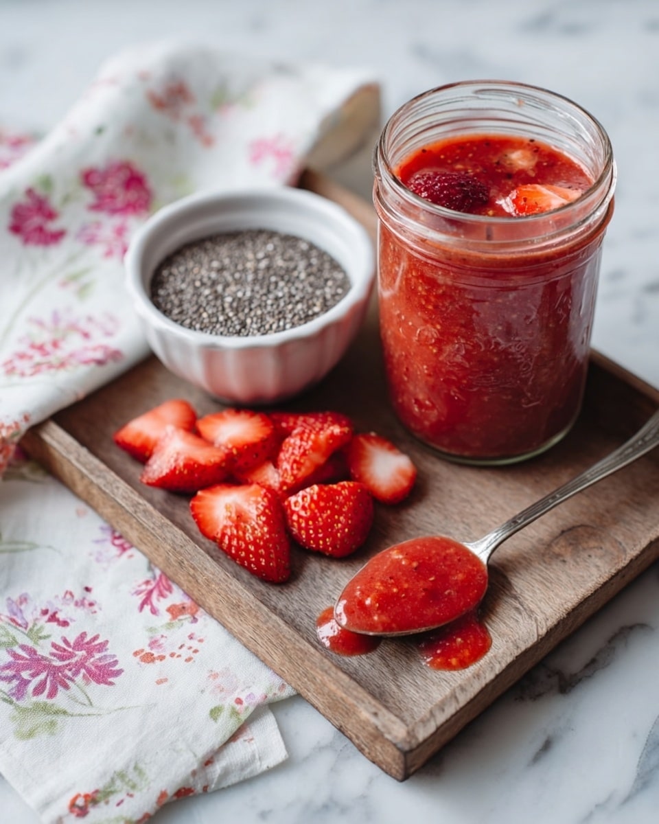 The image shows a wooden tray holding a small white bowl filled with black chia seeds on the left side. Next to it, there are several bright red strawberry pieces scattered with varied sizes and shapes. A metal spoon lies on the tray in front with a red, slightly chunky strawberry sauce on it, with some sauce spilled beside the spoon. To the right, there is a glass jar filled with a thick red strawberry sauce that has visible slices of strawberries inside. Behind the tray, a white cloth with a floral pattern is softly folded, and the surface beneath the tray is a white marbled texture. photo taken with an iphone --ar 4:5 --v 7
