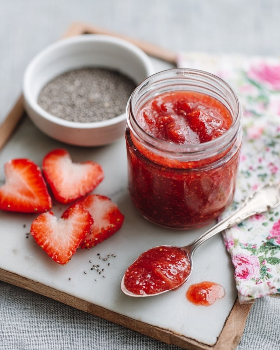 A clear glass jar filled with red strawberry jam that has visible chunks of strawberries inside, placed on a wooden tray with a soft white marbled texture. Next to the jar, there are several sliced fresh strawberries showing their bright red color with a juicy texture. A white bowl filled with small, black chia seeds sits on the tray beside them. A silver spoon resting on the tray holds some strawberry jam, with a small spill near it. A white floral cloth with pink and green designs is placed near the jar on the tray. Photo taken with an iphone --ar 4:5 --v 7