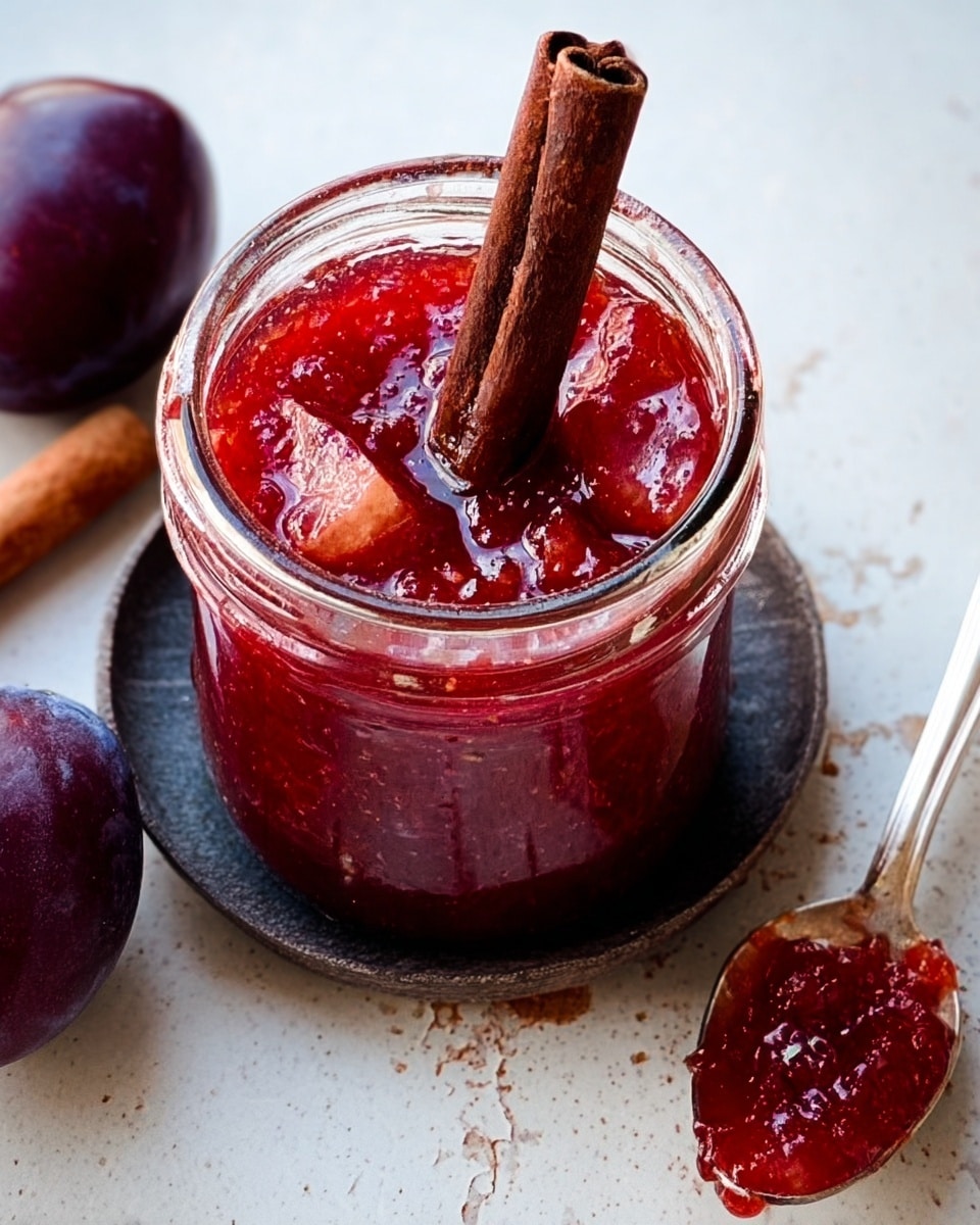 A close-up top view of a clear glass jar filled with bright red jam that has a glossy, thick texture, with a dark brown cinnamon stick standing upright in the center. The jar sits on a white marbled surface with a rough silver spoon to the right, holding a small amount of the same red jam. A dark purple plum and two cinnamon sticks lie to the left, all arranged neatly. The scene is lit naturally, highlighting the shine on the jam photo taken with an iphone --ar 4:5 --v 7