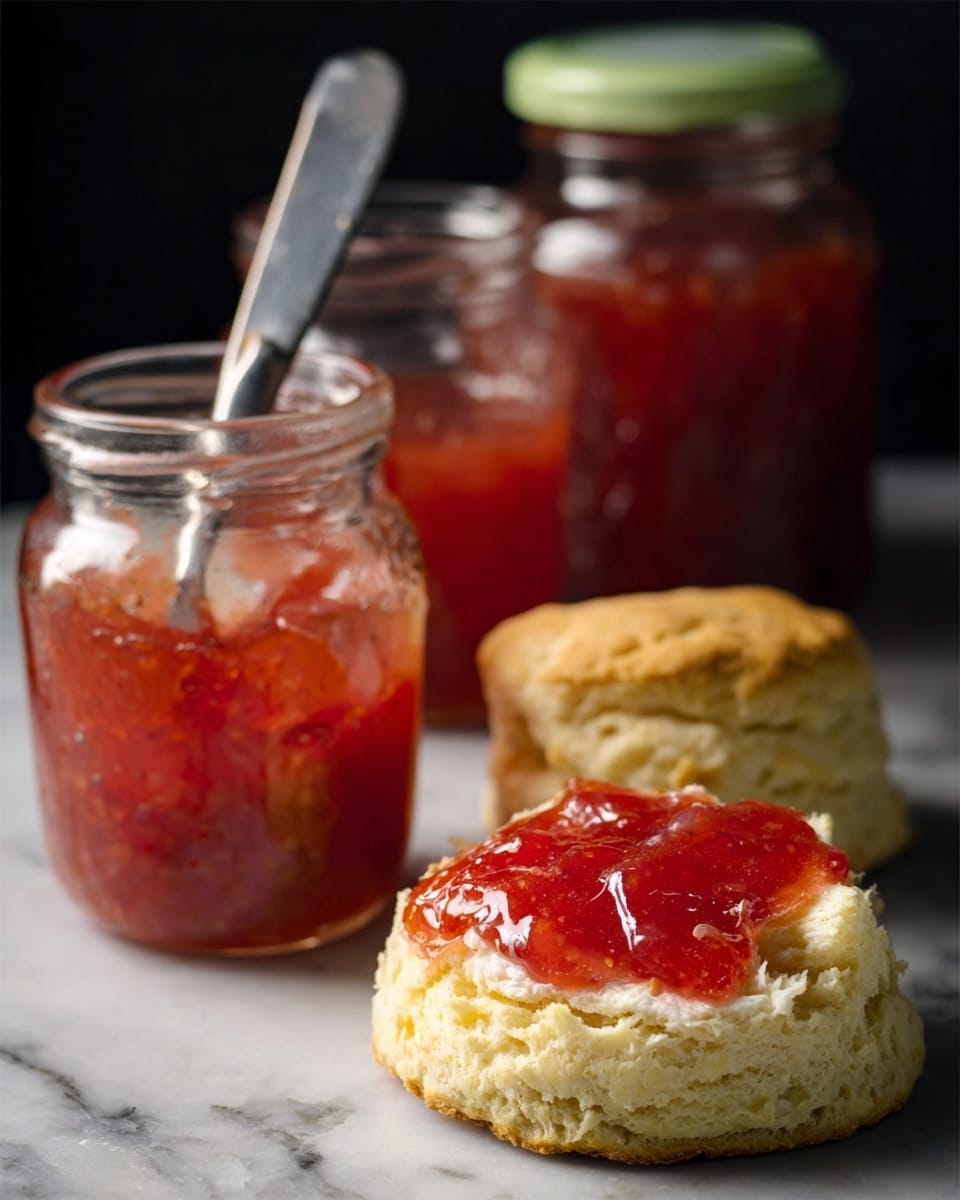 The image shows a split biscuit in the front right, with a fluffy pale yellow butter layer topped by a glossy red jam layer, both thickly spread inside the biscuit’s soft golden brown interior. Behind the biscuit are two clear glass jars filled with red jam; the closer jar is slightly open with a silver butter knife resting across its top, while the second jar is closed with a green lid. The background is dark, and the surface is changed to a white marbled texture. photo taken with an iphone --ar 4:5 --v 7