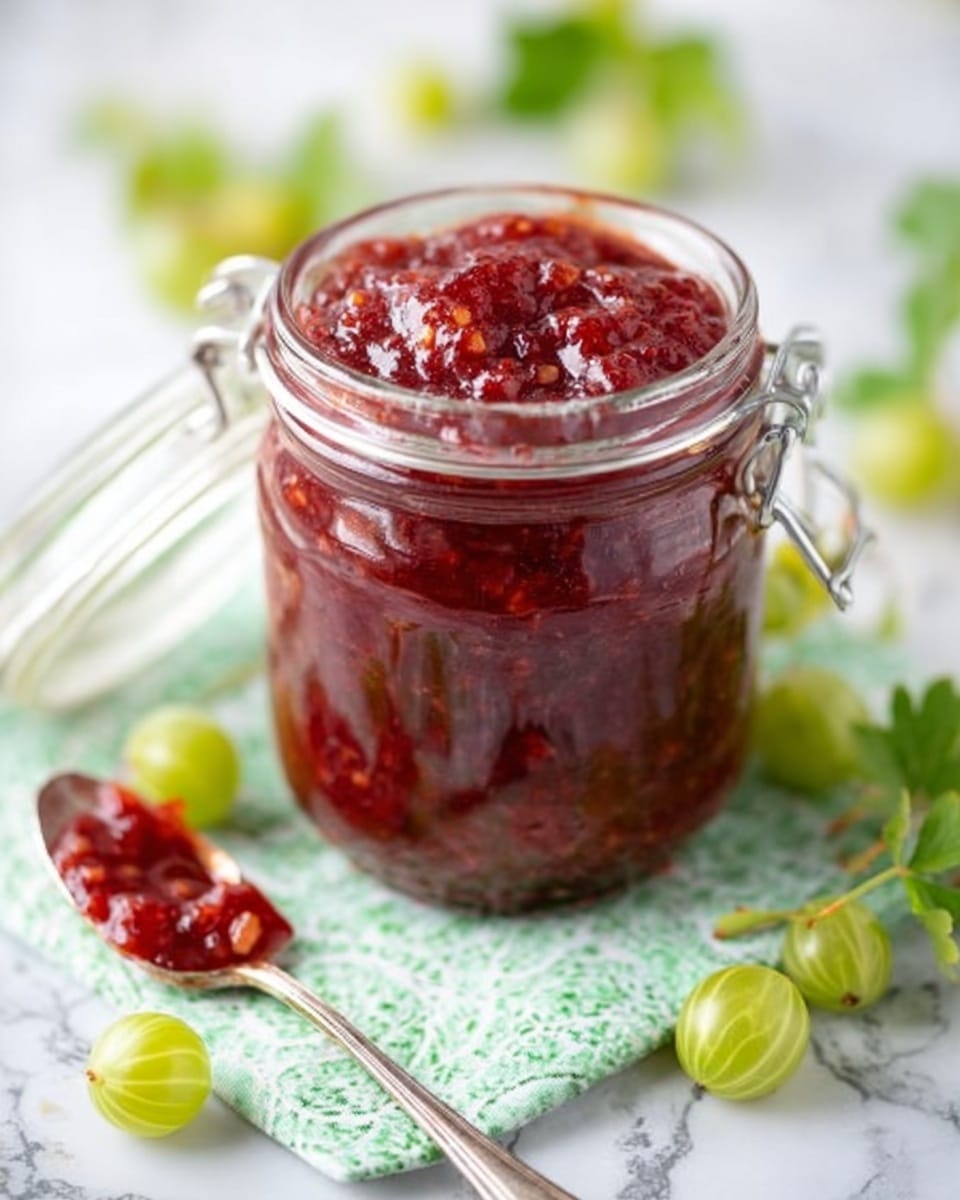 A clear glass jar filled with thick, deep red jam that shows bits of fruit texture inside, with the jar lid open and resting on the side. The jar is placed on a patterned light green cloth on top of a white marbled surface, surrounded by small green gooseberries and leaves around it. In front of the jar is a silver spoon with some of the red jam and gooseberry seeds on it. The background is softly blurred with green stems. photo taken with an iphone --ar 4:5 --v 7