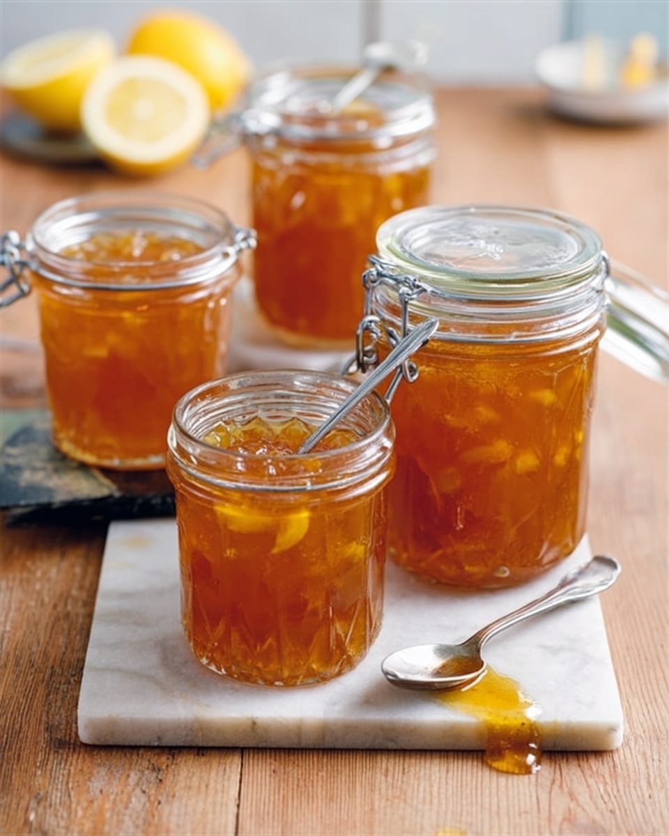 The image shows four clear glass jars filled with amber-colored jam or marmalade, each jar revealing pieces of fruit suspended in the thick translucent spread. One jar in the front right has a metal clasp partially open, and a spoon is resting inside it, with its handle sticking out. The spoon is shiny silver and some jam drips beside a small silver spoon lying flat on the wooden surface beneath the jars. In the background, partially visible, are lemon halves on a white marbled surface. The whole scene is set on a light brown wooden table with a natural finish. The photo taken with an iphone --ar 4:5 --v 7