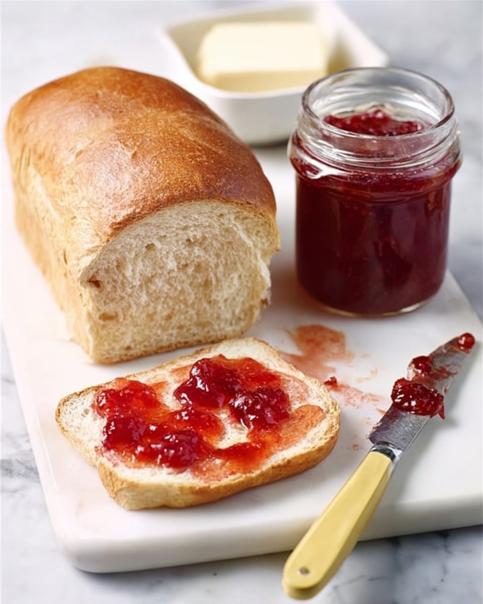 The image shows a thick slice of soft white bread placed on a white marbled surface, topped with a layer of bright red, glossy jam spread unevenly. Next to it lies a butter knife with some jam spread on the blade, resting on the surface with a small drop of jam nearby. Behind the slice, there is a large loaf of bread, crusty and golden brown on the outside. To the right, a clear glass jar filled with deep red jam with visible fruit pieces is open, its metal clasp unfastened. Behind the jar, a small white bowl holds a square of pale yellow butter. The whole scene is set on a white marbled texture. Photo taken with an iphone --ar 4:5 --v 7