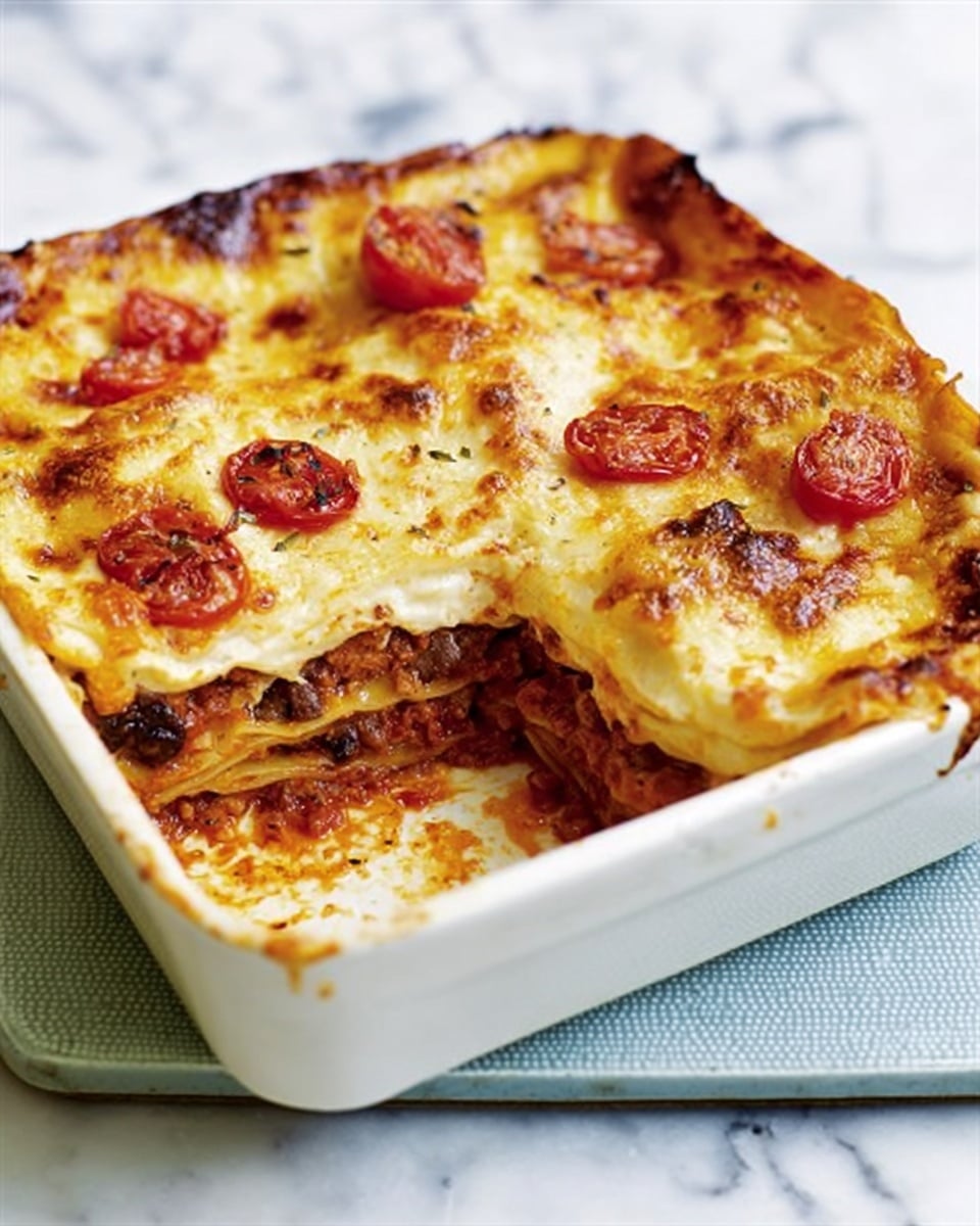 A white square baking dish filled with lasagna is shown, with the top layer covered in melted, golden-brown cheese that has some darker crispy spots and a few slices of red cherry tomatoes scattered on top; beneath the cheese is a layer of smooth, creamy sauce, and below that, visible through a cut-out section, there is a thick layer of rich, dark red meat sauce mixed with some mushrooms, all layered evenly between thin pasta sheets. The dish sits on a light blue textured trivet, set on a white marbled surface. Photo taken with an iphone --ar 4:5 --v 7