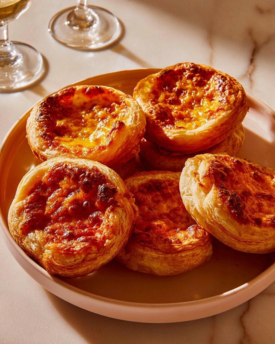 A round white plate holds six golden brown puff pastries arranged in a close group. Each pastry has a thick, flaky, and layered crust that forms a raised edge around a vibrant orange-red filling that looks slightly glossy and textured, hinting at melted cheese or tomato. The pastries are unevenly shaped, with some showing darker baked spots on the filling, adding a rustic look. In the background, two wine glasses with stems are partially visible, placed on a white marbled surface. The warm, soft light creates gentle shadows and highlights the flaky texture of the pastries. Photo taken with an iphone --ar 4:5 --v 7