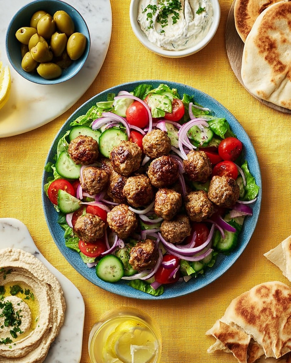 A large round blue plate holds a bed of fresh salad made of sliced red onions, quartered cherry tomatoes, and chopped green cucumber pieces. On top of the salad, there is a generous layer of small, golden-brown meatballs, slightly crispy on the outside. Around the plate, on a white marbled surface, there is a white bowl with green olives, a white bowl of hummus garnished with parsley, a small white bowl of white sauce with cucumber bits, a stack of pita bread triangles, a glass of water with a lemon slice, and a whole pita bread circle. The whole setting is on a soft yellow cloth. Photo taken with an iphone --ar 4:5 --v 7