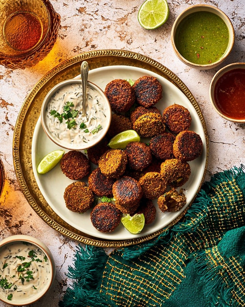 A round white plate filled with about twenty small, round falafel patties that have a dark golden brown crispy texture, arranged loosely with some overlapping. Three small lime wedges are placed on the plate among the falafel. On the left side of the plate, a small bowl with a creamy white sauce topped with green herbs and a spoon resting inside is set. Surrounding the plate are two additional white bowls; one with a dark reddish-brown sauce and the other with a bright green sauce, both sitting on a gold-colored tray. A green cloth with gold grid lines lies beneath the tray, all placed on a white marbled textured surface. photo taken with an iphone --ar 4:5 --v 7