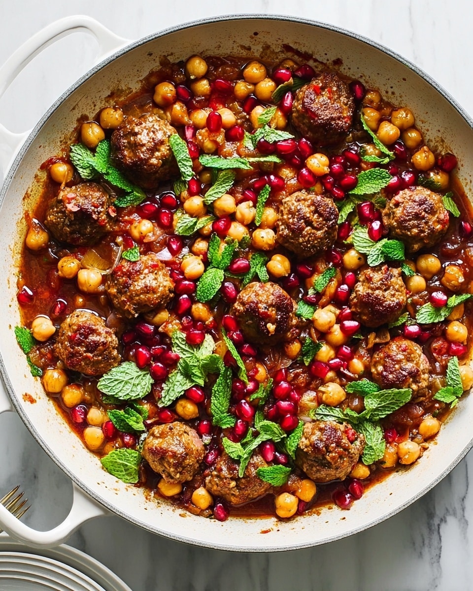 A white pan filled with a colorful dish made of small round chickpeas scattered all over, mixed with juicy brown meatballs placed evenly on top, bright red pomegranate seeds sprinkled throughout, and freshly chopped green mint leaves adding a fresh layer on top. The stew has a glossy rich brown sauce coating the ingredients, creating a warm and inviting texture. The pan sits on a white marbled surface, with a small part of a white plate visible in the bottom left corner. Photo taken with an iphone --ar 4:5 --v 7