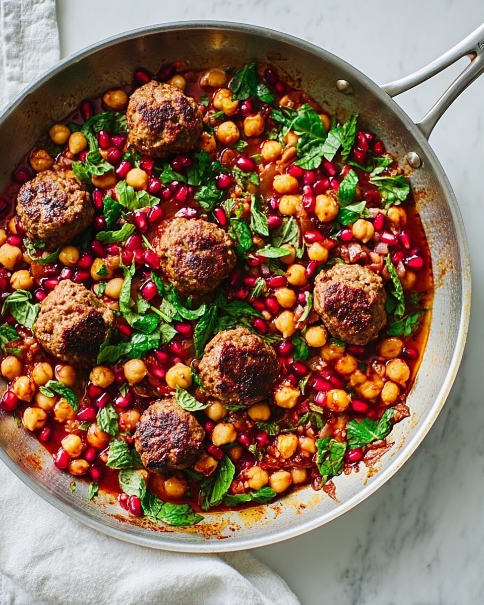 A silver pan filled with a colorful mix of food, with five round brown meatballs scattered on top; underneath and around them are light brown chickpeas and bright red pomegranate seeds. Green leafy herbs are spread over the dish, adding fresh green spots. The food sits in a reddish sauce that coats the chickpeas and meatballs, giving the whole dish a warm and rich look. The pan is on a white marbled surface with a hint of a white cloth nearby. Photo taken with an iphone --ar 4:5 --v 7