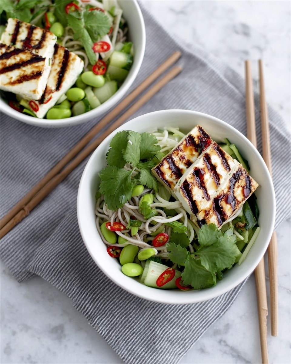 The image shows two white bowls of a fresh salad placed on a gray and white striped cloth, over a white marbled surface. Each bowl contains layers starting with green edamame and sliced cucumbers at the bottom, followed by a layer of noodles and fresh green herbs. On top, there are two thick slices of grilled tofu with visible char marks, drizzled lightly with sauce, and garnished with small red chili pieces and cilantro leaves. Wooden chopsticks rest parallel to the bowls on the cloth. The overall look is clean, fresh, and colorful with a mix of green, white, and red tones. Photo taken with an iphone --ar 4:5 --v 7