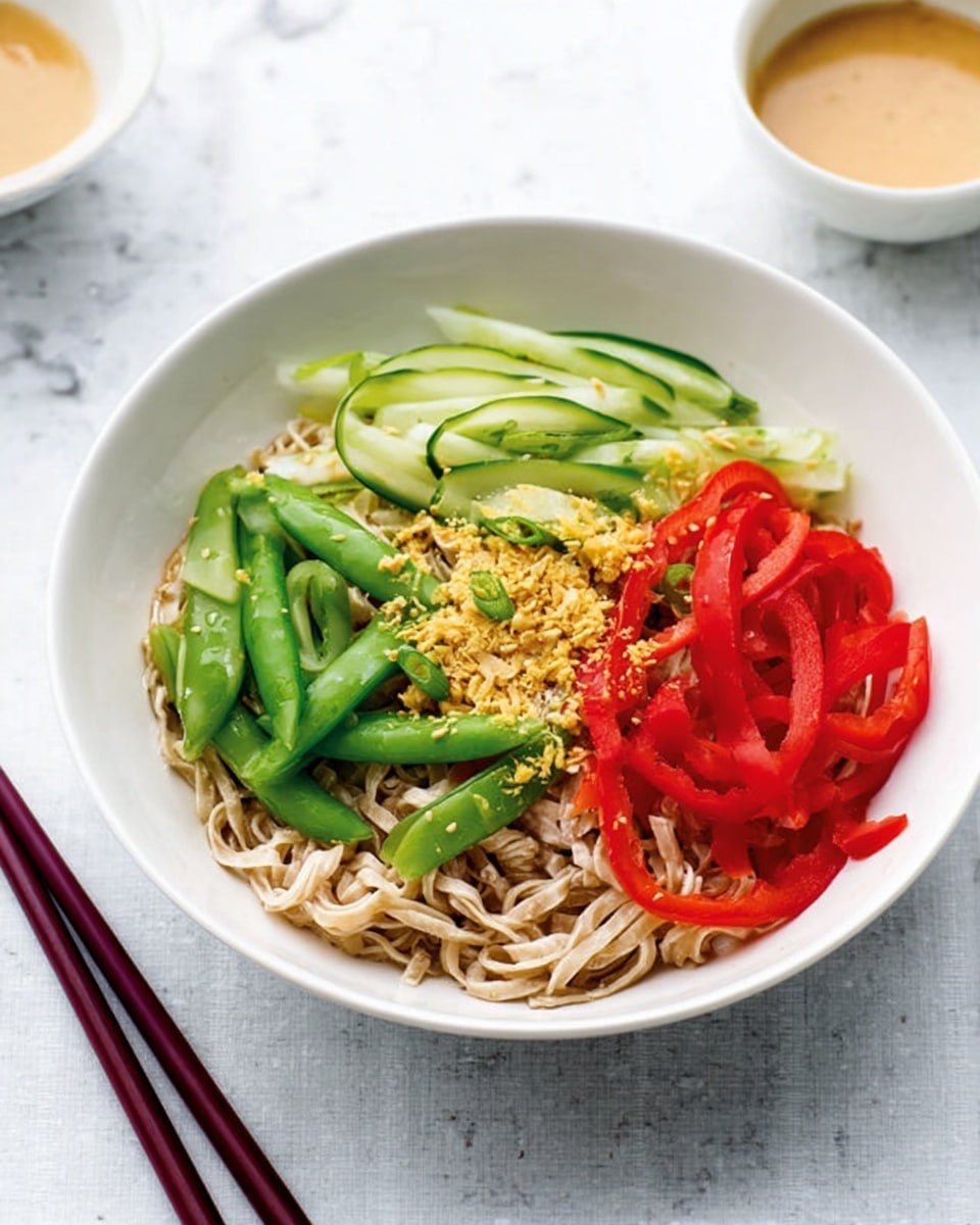 A white bowl holds a layered dish starting with a base of light brown noodles with a soft, slightly curly texture. On top of the noodles, there are thin, long green sugar snap peas arranged in the center, flanked by bright red sliced bell peppers to the right, and pale green cucumber ribbons slightly folded on the left. The noodles appear sprinkled with light yellow sesame seeds or crushed peanuts for texture. The bowl sits on a white marbled surface, with dark red chopsticks placed to the left side and a small white bowl containing beige sauce behind and to the right of the main bowl. Photo taken with an iphone --ar 4:5 --v 7
