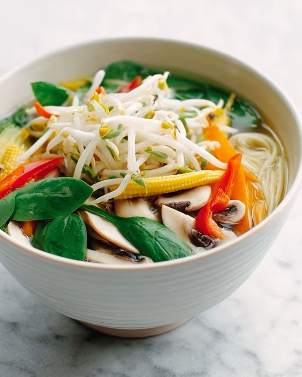 A white bowl filled with clear broth soup, showing three main layers: the base layer has light yellow baby corn and thin orange carrot strips; the middle layer contains vibrant green leaves and broad light brown mushroom slices; on top, there are fresh, crisp white bean sprouts and bright red pepper slices. The bowl sits on a white marbled surface with soft natural light. photo taken with an iphone --ar 4:5 --v 7