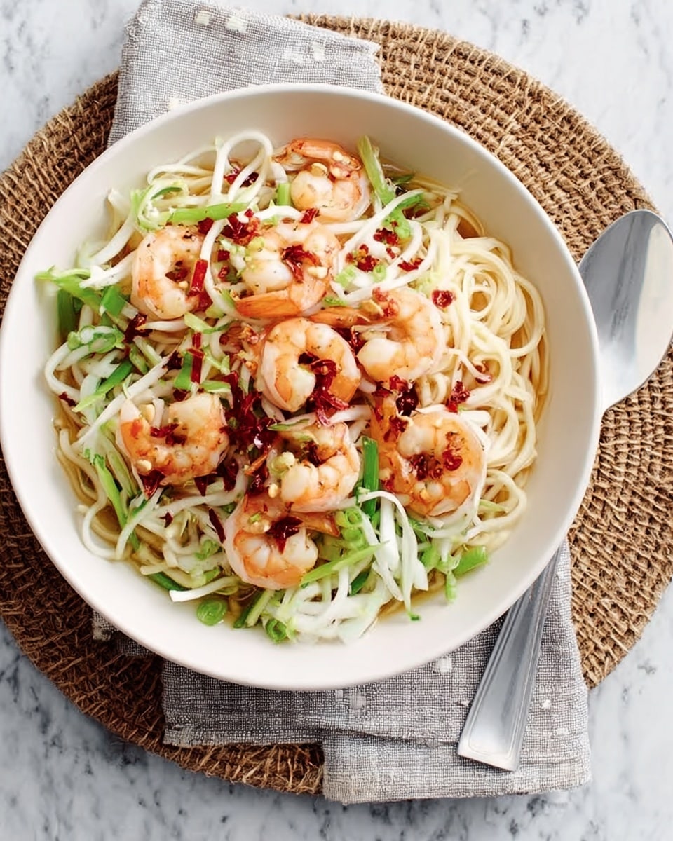 A white bowl filled with a noodle dish that has three main layers: at the bottom, lightly cooked noodles that are pale yellow and soft; in the middle, thin green slices and white thin strips of vegetables mixed with the noodles; on top, a layer of cooked shrimp in pinkish-orange color, some with red chili pieces, arranged evenly across the dish. The bowl sits on a woven cloth placed on a white marbled surface, with a spoon lying to the right side. photo taken with an iphone --ar 4:5 --v 7
