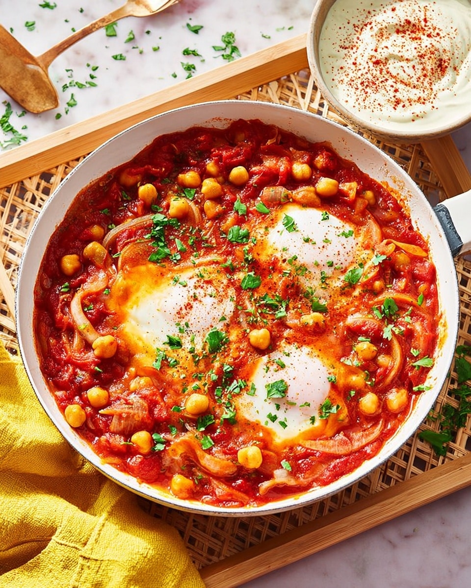 The image shows a white frying pan filled with a vibrant dish consisting of a thick red tomato sauce base with visible chunks of chickpeas and soft, translucent slices of onions spread throughout. Two poached eggs sit near the center, their whites cooked but slightly runny, with a few light brown spots from cooking. Bright green chopped herbs are sprinkled on top, adding a fresh touch of color. The pan is placed on a wooden lattice tray over a white marbled surface, with a folded yellow cloth on the left side and a white bowl filled with creamy white sauce, lightly dusted with red spices, positioned in the top right corner. Scattered fresh herbs are visible on the surface nearby. Photo taken with an iphone --ar 4:5 --v 7