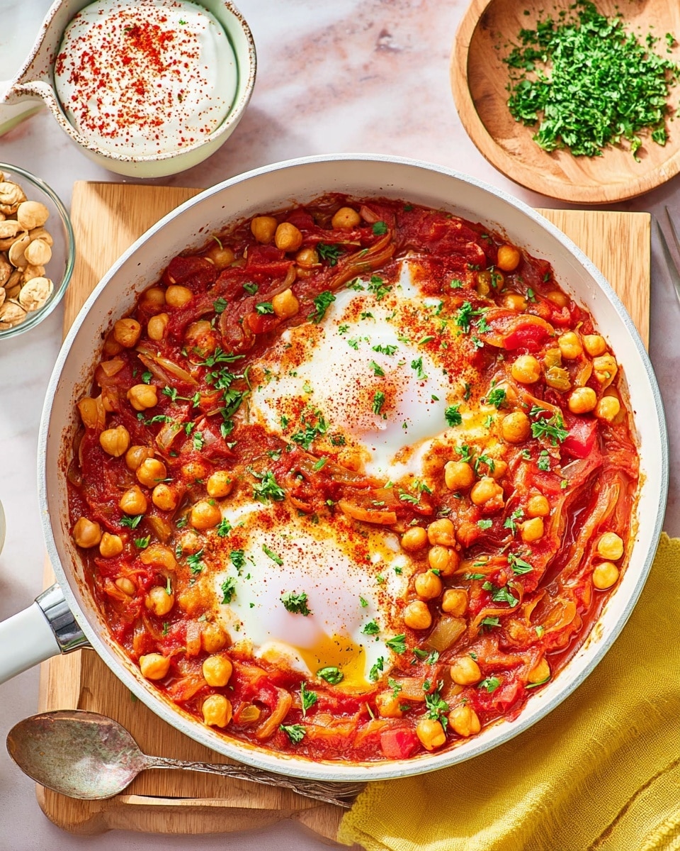 The image shows a white skillet filled with a vibrant dish made of thick, bright red tomato sauce with chunks of onion and chickpeas spread all over. Near the center, there are two cooked eggs with white, slightly runny whites and runny yolks, sprinkled with red spices and green parsley. Small pieces of fresh chopped green herbs are scattered on top of the whole dish. The skillet sits on a wooden rack over a white marbled texture. Nearby, there is a small white bowl filled with white yogurt sprinkled with red spice, a wooden dish with chopped herbs, and a yellow cloth adding color to the scene. Photo taken with an iphone --ar 4:5 --v 7