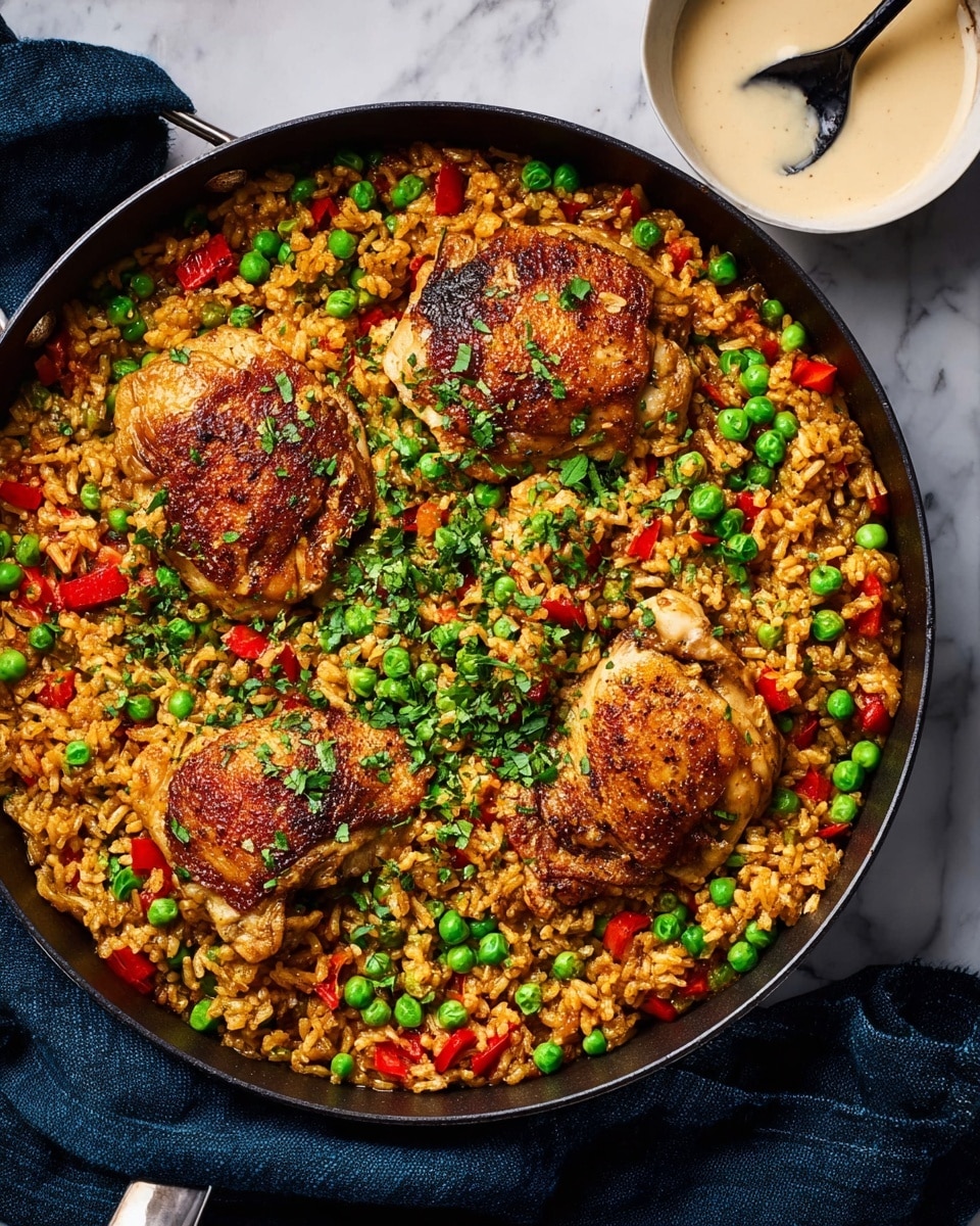 A black pan filled with a cooked rice dish featuring three large browned chicken pieces sitting on top of a layer of golden, slightly oily rice mixed with bright green peas and chunks of red bell pepper. The rice looks moist with a textured surface, and fresh chopped green herbs are sprinkled evenly over the whole dish. The pan rests on a white marbled surface with a folded dark blue cloth underneath it. On the side, a white bowl holding a creamy light-colored sauce with a black spoon inside is partially visible. photo taken with an iphone --ar 4:5 --v 7