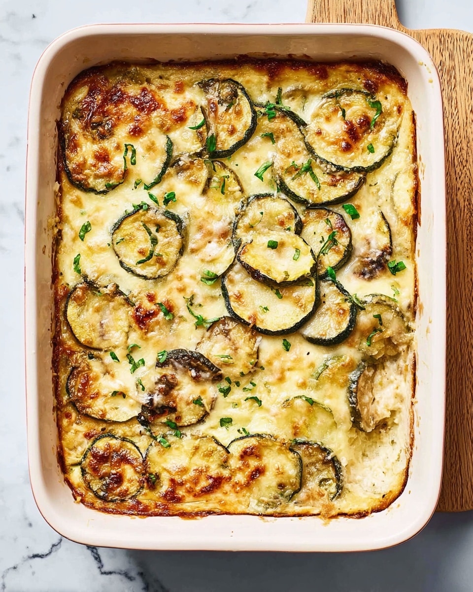 A white rectangular baking dish sits on a white marbled surface, filled with a baked casserole featuring three visible layers. The bottom layer has a soft, slightly browned texture with thin slices of zucchini that are green and dark at the edges, positioned evenly across the dish. The middle layer is creamy and golden, blending into the top layer of melted cheese, which is bubbly and lightly browned in some spots. Small pieces of chopped green herbs are scattered on top, adding a fresh touch of color. photo taken with an iphone --ar 4:5 --v 7