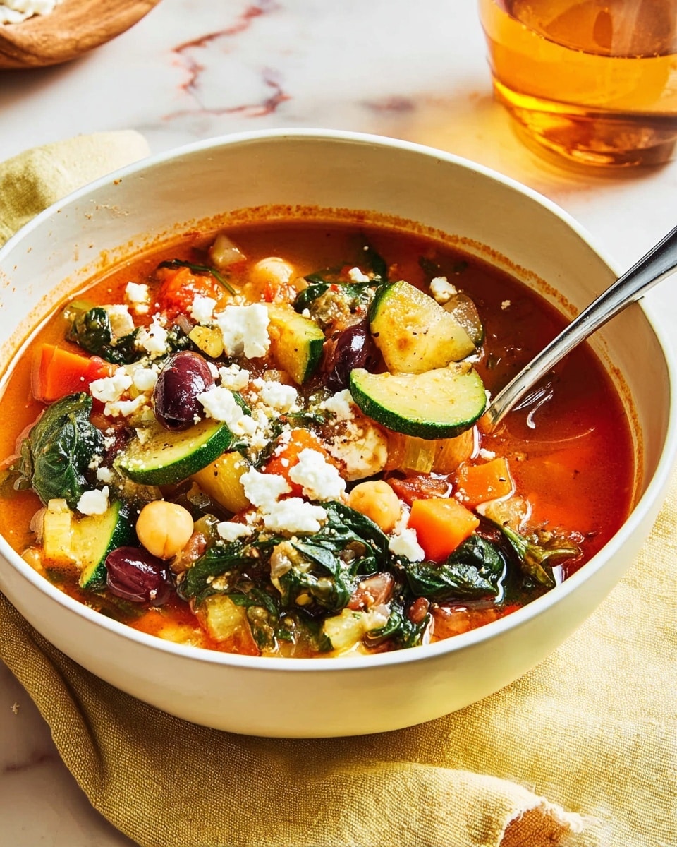 A white bowl filled with a colorful vegetable stew, showing about four layers: a base layer of bright red broth, chunks of green zucchini and orange carrots, pieces of dark green spinach and chickpeas, topped with white crumbly cheese and dark purple and green olives. A silver spoon is placed inside the bowl, resting on the edge. The bowl sits on a pale yellow cloth over a white marbled surface, with a glass of amber-colored drink blurred in the background. photo taken with an iphone --ar 4:5 --v 7