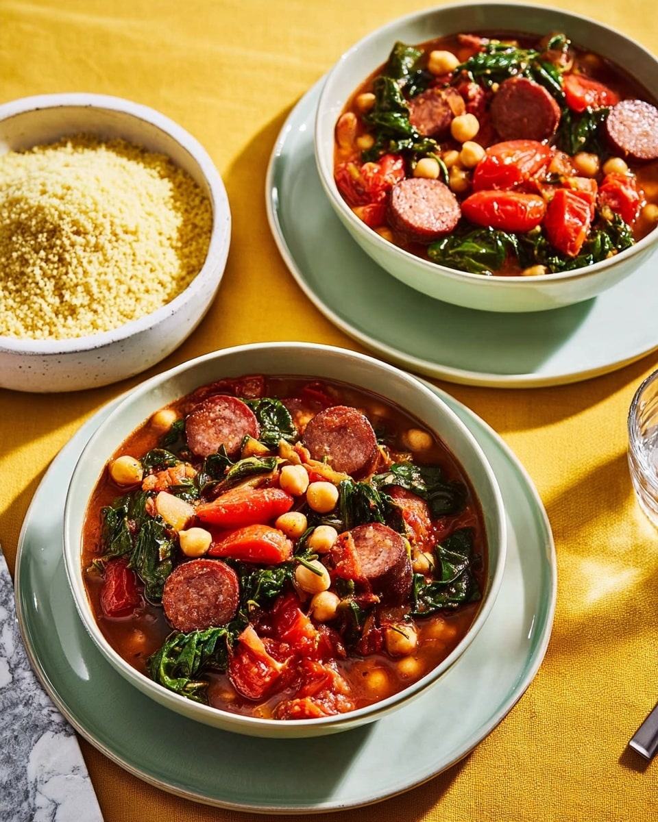 Two bowls of stew with visible layers of sliced sausage in dark brown-red color, chickpeas in light beige, bright red cherry tomatoes, and dark green leafy vegetables in a rich reddish-brown broth fill the bowls. Each bowl rests on a matching white plate. To the left, a smaller white bowl holds a light yellow, grainy textured food that looks like couscous. All bowls are placed on a yellow tablecloth over a white marbled surface. Photo taken with an iphone --ar 4:5 --v 7